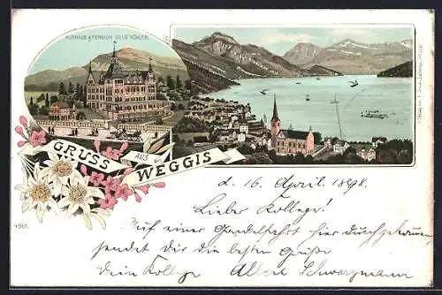 Lithographie Weggis, Kurhaus und Pension Villa Köhler