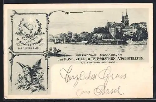 AK Basel, Internationale Zusammenkunft von Post-, Zoll- & Telegraphen-Angestellten 1901, Blick vom Rhein zum Münster