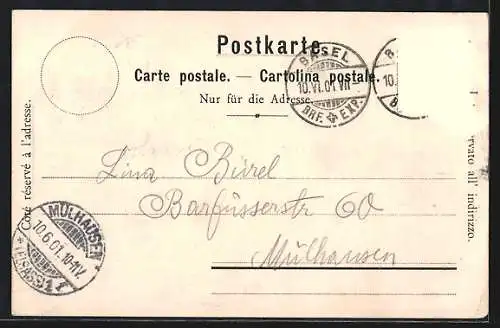 AK Basel, Internationale Zusammenkunft von Post-, Zoll- & Telegraphen-Angestellten 1901, Blick vom Rhein zum Münster