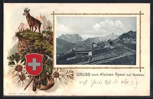 Passepartout-Lithographie Nesslau, Kleiner Speer mit Blick auf das Gebirge, Wappen