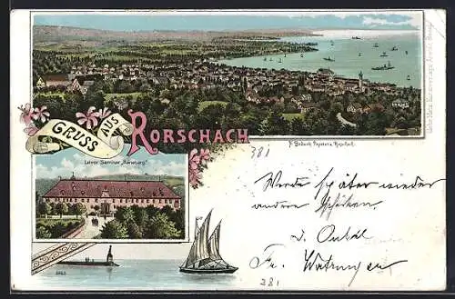 Lithographie Rorschach, Lehrer-Seminar Mariaberg, Panoramablick auf Stadt und See
