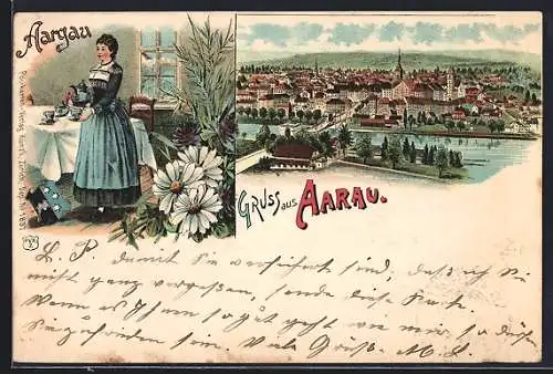 Lithographie Aarau, Ortsansicht aus der Vogelschau, Frau in Tracht