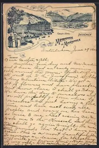 Lithographie Interlaken, Grand Hotel Metropole & Monopole