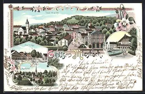 Lithographie Miesbach, Totalansicht, Marktplatz, Wallenburg