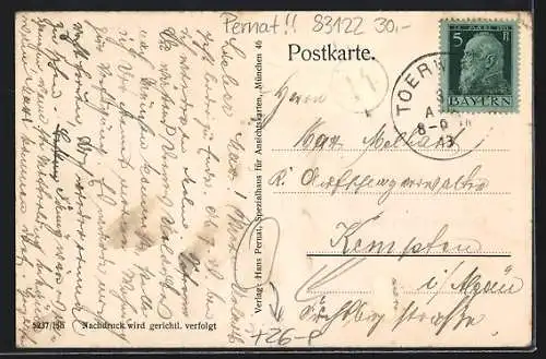 Künstler-AK sign. Hans Pernat: Greinbach, Gasthaus von Wolfgang Maurer, Ortsansicht mit Aufstieg auf die Hochries