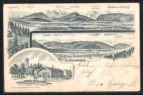 Lithographie Oberwarngau, Gasthaus Taubenberg, Aussichtsturm