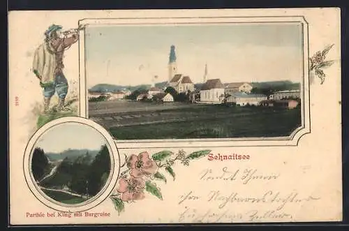 AK Schnaitsee, Parthie bei Kling mit Burgruine, Totalansicht