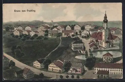 Künstler-AK Prutting, Ortsansicht mit der Kirche am Weiher