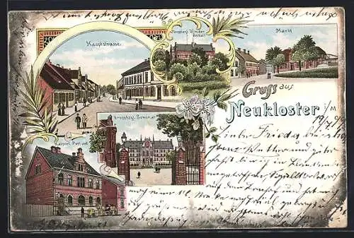 Lithographie Neukloster / M., Grossherzogl. Blinden-Anstalt, Hauptstrasse, Grossherzogl. Seminar, Kaiserl. Postamt, Markt