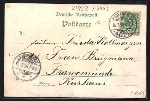 Lithographie Neukloster / M., Grossherzogl. Blinden-Anstalt, Hauptstrasse, Grossherzogl. Seminar, Kaiserl. Postamt, Markt