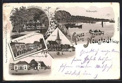 Lithographie Neustadt i / Holst., Julienbad, Amtsgericht und Postgebäude, Kirche