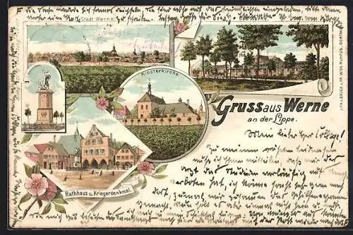 Lithographie Werne / Lippe, Klosterkirche, Rathaus und Kriegerdenkmal