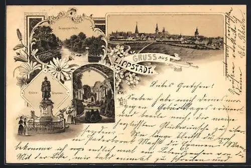 Lithographie Lippstadt, Kaiser-Brunnen, Lippepartie, Garten, Totalansicht