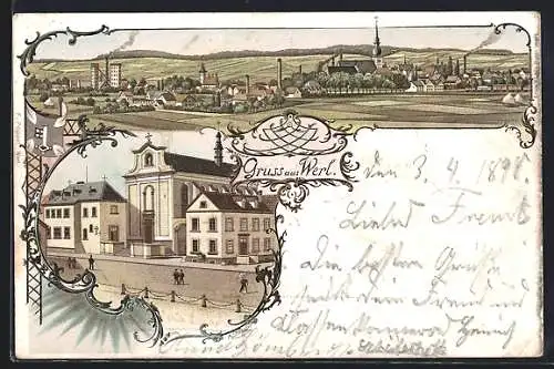 Lithographie Werl, Franziskaner Kloster, Panorama