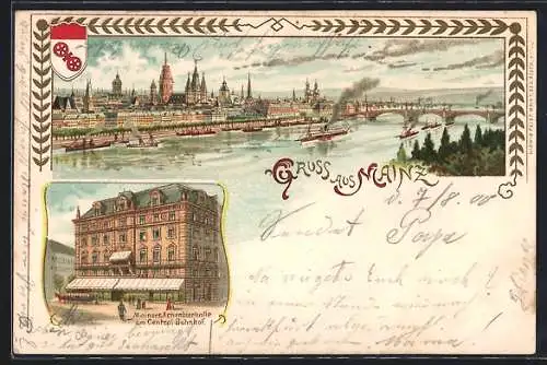 Lithographie Mainz, Ortsansicht, Mainzer Actienbierhalle am Central-Bahnhof