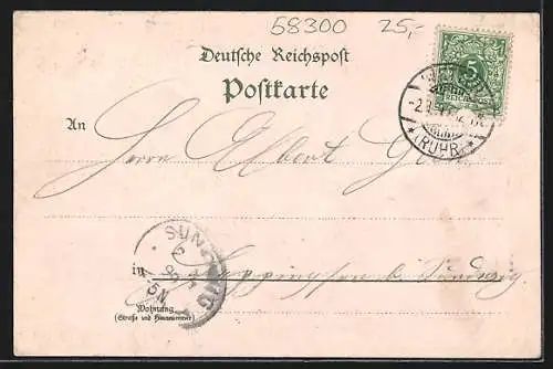 Lithographie Wetter / Ruhr, Alte Eiche, Ortsansicht mit Fabrikschornsteine, Denkmal