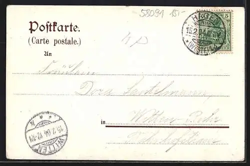Mondschein-Lithographie Hagen-Delstern i. W., Ortsansicht mit der Volmeburg im Jugendstil-Passepartout