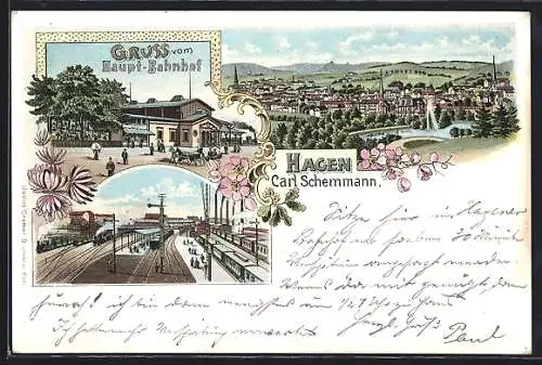 Lithographie Hagen / Westfalen, Ansichten des Hauptbahnhofs, Totalansicht vom Berg aus