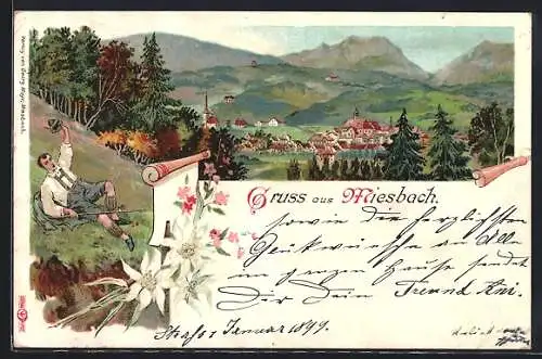 Lithographie Miesbach, Gesamtansicht mit Bergpanorama