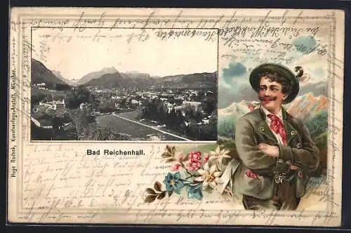 Passepartout-Lithographie Bad Reichenhall, Totalansicht gegen die Berge, Mann in Tracht