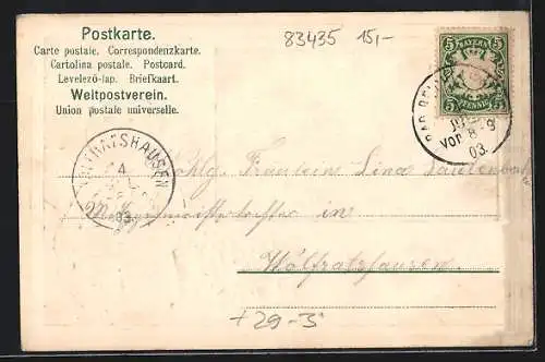 Passepartout-Lithographie Bad Reichenhall, Totalansicht gegen die Berge, Mann in Tracht