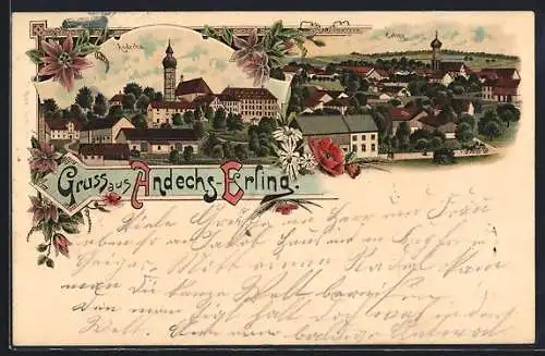 Lithographie Andechs-Erling, Ortsansicht mit Kloster