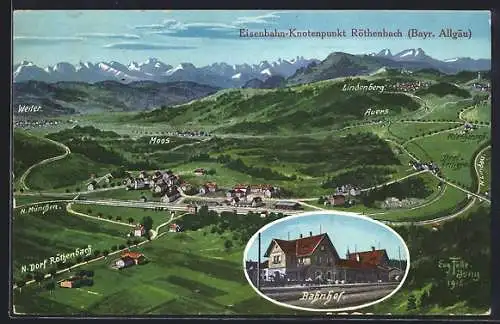Künstler-AK Eugen Felle: Röthenbach / Allgäu, Bahnhof und Panorama der Umgebung