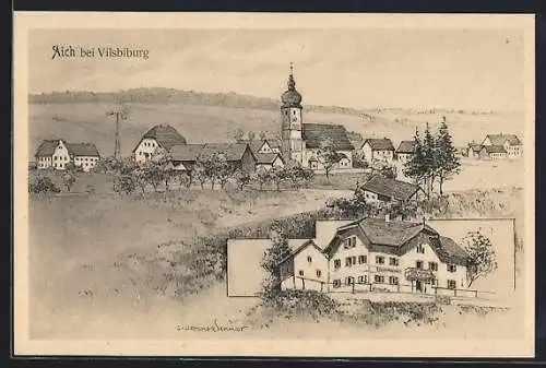 Künstler-AK sign. Hans Pernat: Aich bei Vilsbiburg, Das Gasthaus, Totalansicht