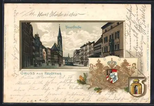 Passepartout-Lithographie Neuötting, Partie an der Hauptstrasse, Wappen