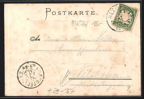 Passepartout-Lithographie Neuötting, Partie an der Hauptstrasse, Wappen