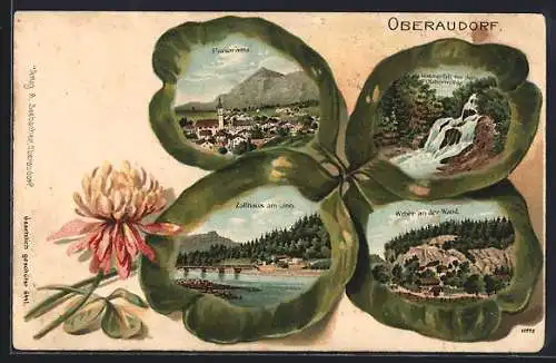 Passepartout-Lithographie Oberaudorf, Wasserfall bei der Gfallermühle, Zollhaus am Inn, Weber an der Wand, Kleeblatt