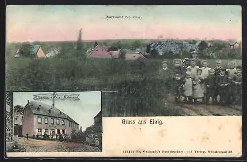 AK Einig, Gasthaus Peter Dahmen, Ortsansicht mit Anwohnern