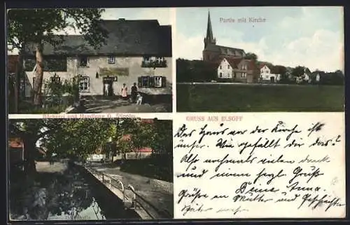 AK Elsoff / Westerwald, Bäckerei und Handlung v. Georg Stippler, Partie am Kanal, Blick zur Kirche