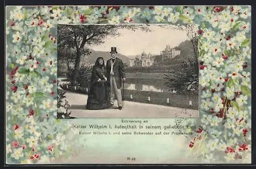 AK Ems, Kaiser Wilhelm I. und seine Schwester auf der Promenade
