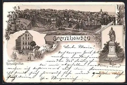 Lithographie Grenzhausen, Gasthof Richard Corcilius, Kriegerdenkmal, Totalansicht