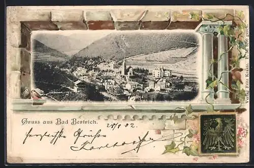 Passepartout-Lithographie Bad Bertrich, Totalansicht vom Berg aus, Wappen
