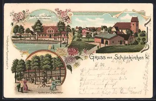 Lithographie Schönkirchen i. H., Gasthaus zum Landhause mit Garten und Kegelbahn