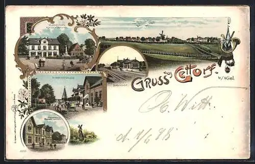 AK Gettorf b. Kiel, Bahnhof, Marktplatz mit Kaiserdenkmal, Herrenstrasse, Eichstrasse mit Bismarck-Denkmal