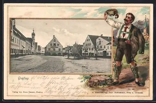 Passepartout-Lithographie Grafing, Marktplatz, Bayer in Lederhosen mit Federhut winkend