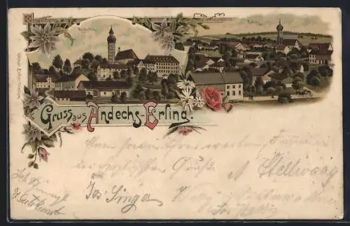 Lithographie Andechs-Erling, Ortsansicht mit Kloster
