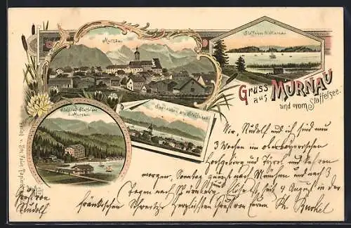 Lithographie Murnau / Staffelsee, Stahlbad Staffelsee, Seehausen am Staffelsee, Gesamtansicht