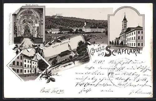 Lithographie Schäftlarn, Innen- und Aussenansicht vom Kloster