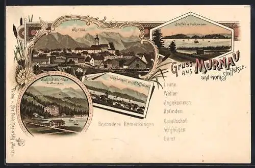 Lithographie Murnau / Staffelsee, Stahlbad Staffelsee, Seehausen, Seepanorama, Totalansicht