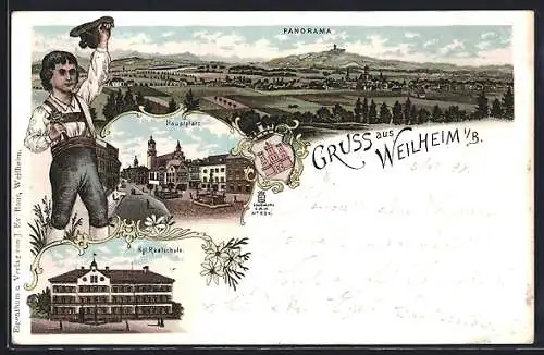Lithographie Weilheim / Oberbayern, Panorama, Hauptplatz, Königliche Realschule
