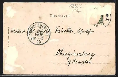 Passepartout-Lithographie Weilheim / Obb., Gasthof zur blauen Traube, Turmblick, Stadtbrunnen, Schmiedstrasse, Birken