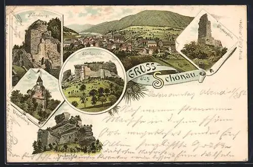 Vorläufer-Lithographie Schönau / Brend, 1895, Ruinen Blumenstein, Fleckenstein, Hohenburg, Wegelnburg und Drachenfels