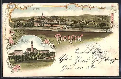 Lithographie Dorfen / Obb., Pfarrkirche mit Priesterhaus, Totalansicht