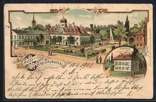 Lithographie München-Bogenhausen, Heilanstalt aus der Vogelschau, Hotel Villa Maria