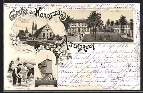 Lithographie Altenbruch, Wallers Hotel am Markt, Leuchtturm, Krabbenfänger und St. Nicolaikirche