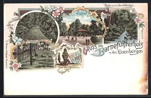 Lithographie Barneführerholz, Gasthaus Jagdhütte, Wunderhorn und Wappen